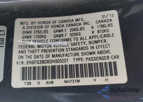 2013 Honda Civic Ex-L from USA, damaged, VIN 2HGFG3B0XDH505227